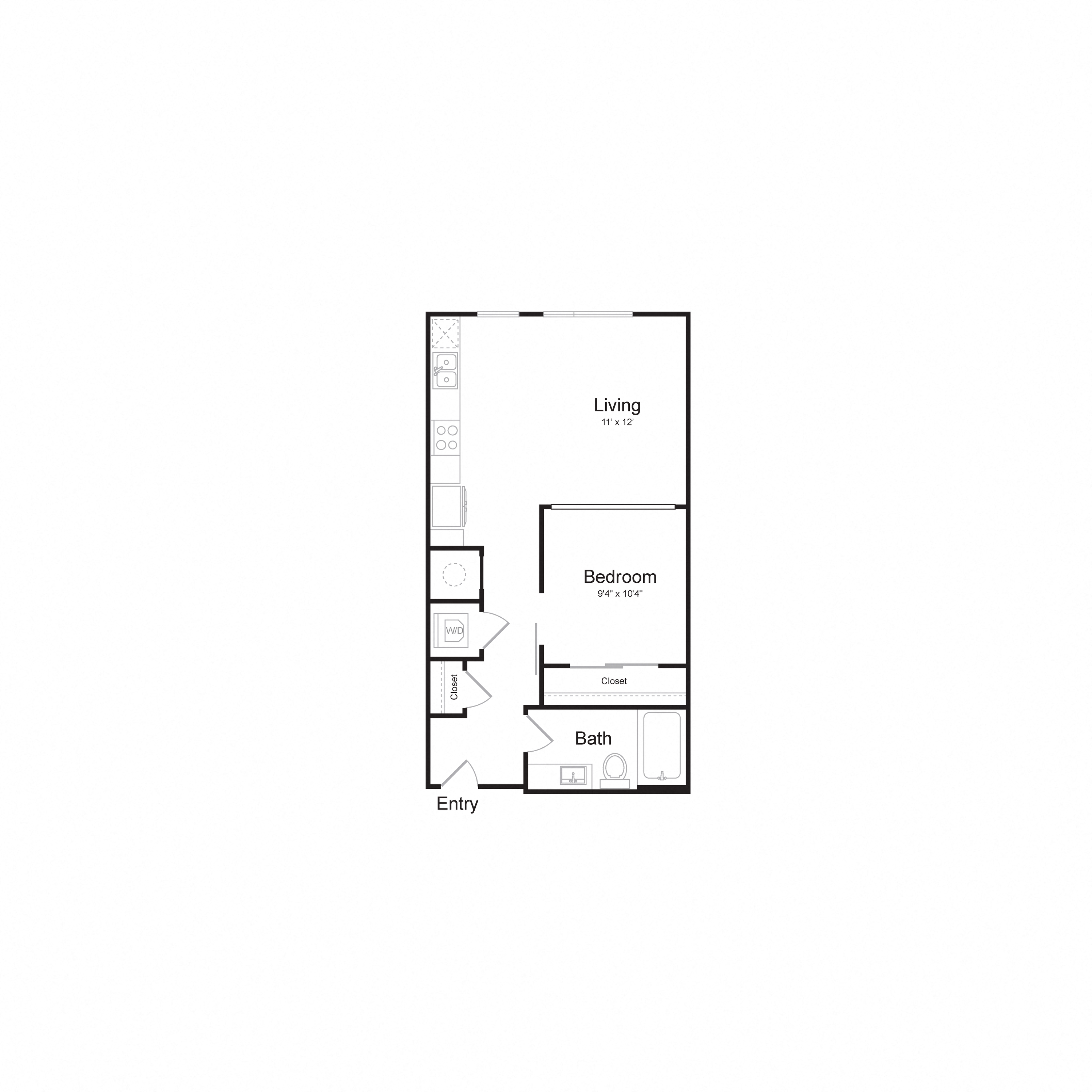 Floor plan for 1 bed, 1 bath, 583 sqft